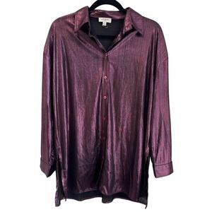 Umgee Metallic Button Down Top Long Sleeve Tunic Shirt Purple Size S